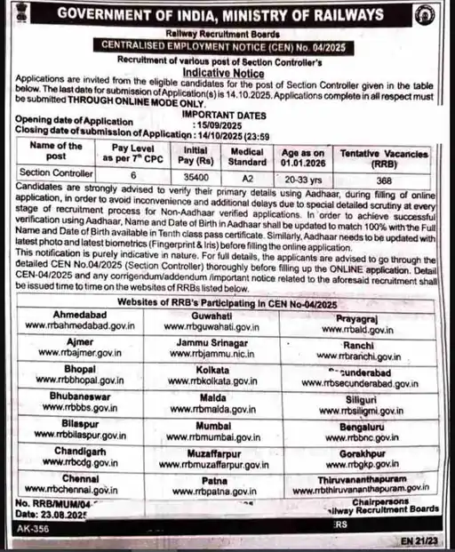 RRB सेक्शन कंट्रोलर भर्ती 2025: नोटिफिकेशन जारी, ऐसे करें अप्लाई